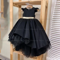 flower girl dress 2022 jewel neck short sleeves gold bow satin wedding party dresses for baby girl puff pageant gown