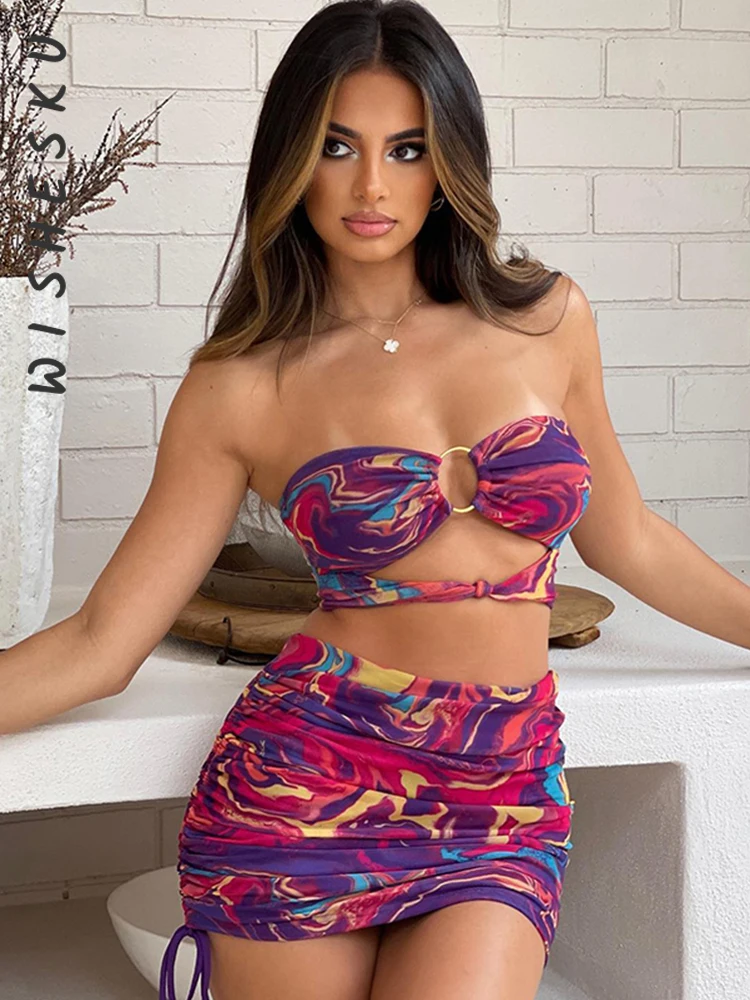 

Женский спортивный костюм из двух предметов, привлекательный Топ без бретелек с вырезами и мини-юбка на завязках с высокой талией и рюшами, ...