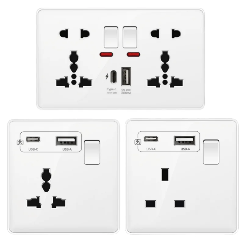 

White 18W Type-c Smart Fast Charging Wall Universal USB C Socket,Uk 13A Dual socket with switch panel AC110-250V