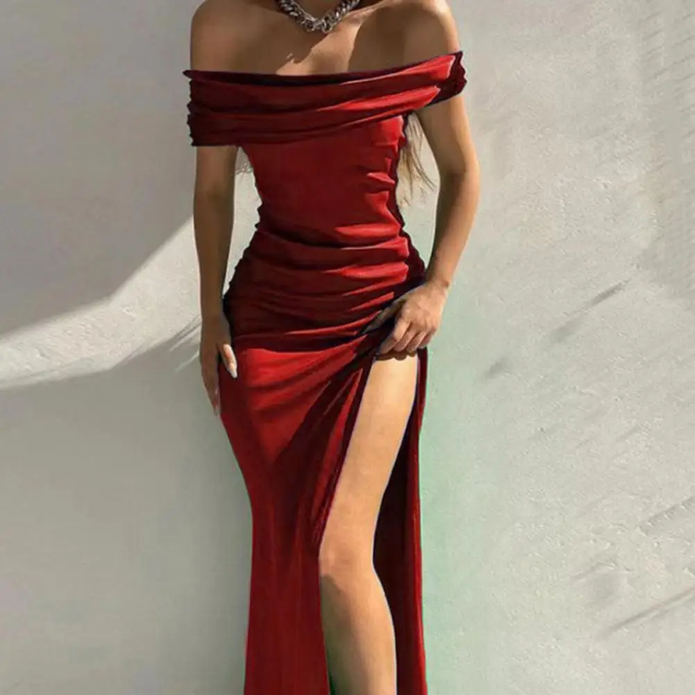 

Sexy Banquet Dress Solid Color Soft Fabric Prom Dress Maxi Length Banquet Dress