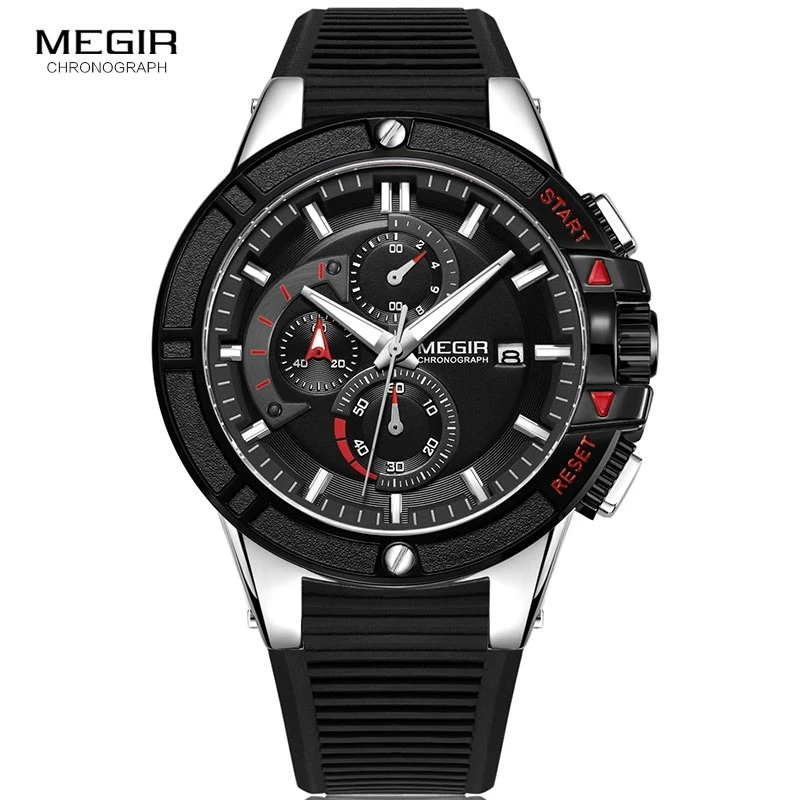 

MEGIR Men's Military Sport Chronograph Watches Silicone Army Quartz Wristwatch Relogios Masculino Top Brand 2095 Silver Black