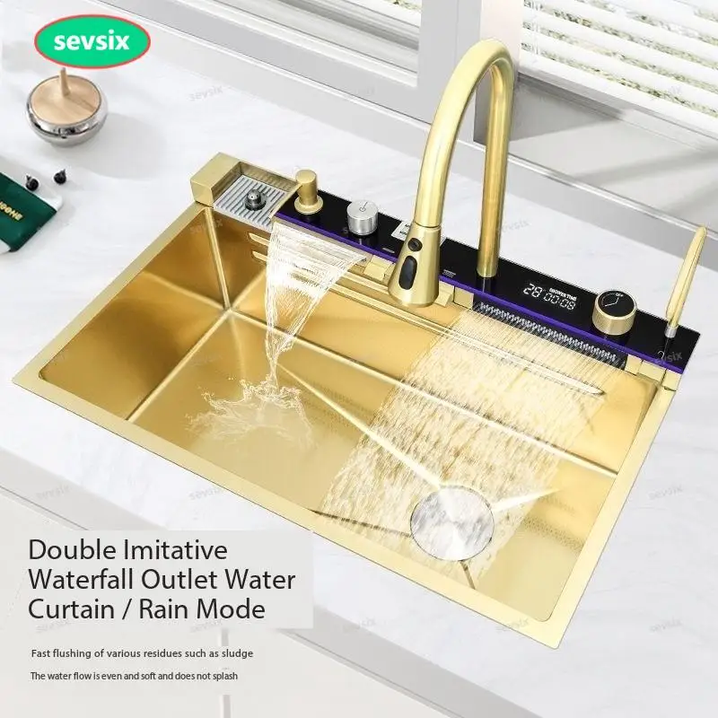 Черный золотой 304 дренаж белый цифровой дисплей кухонная раковина водопад от мух