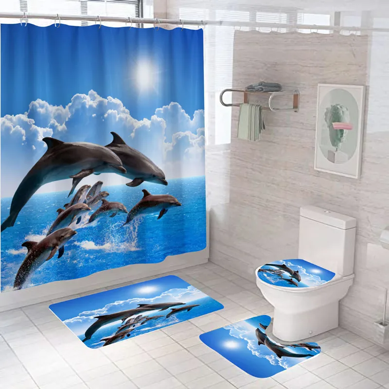 3D Print Fish Bath Curtain Dolphin Mat Set Marine Life Toilet Rugs Flower Carpet Waterproof Anti-slip Shower Curtains |