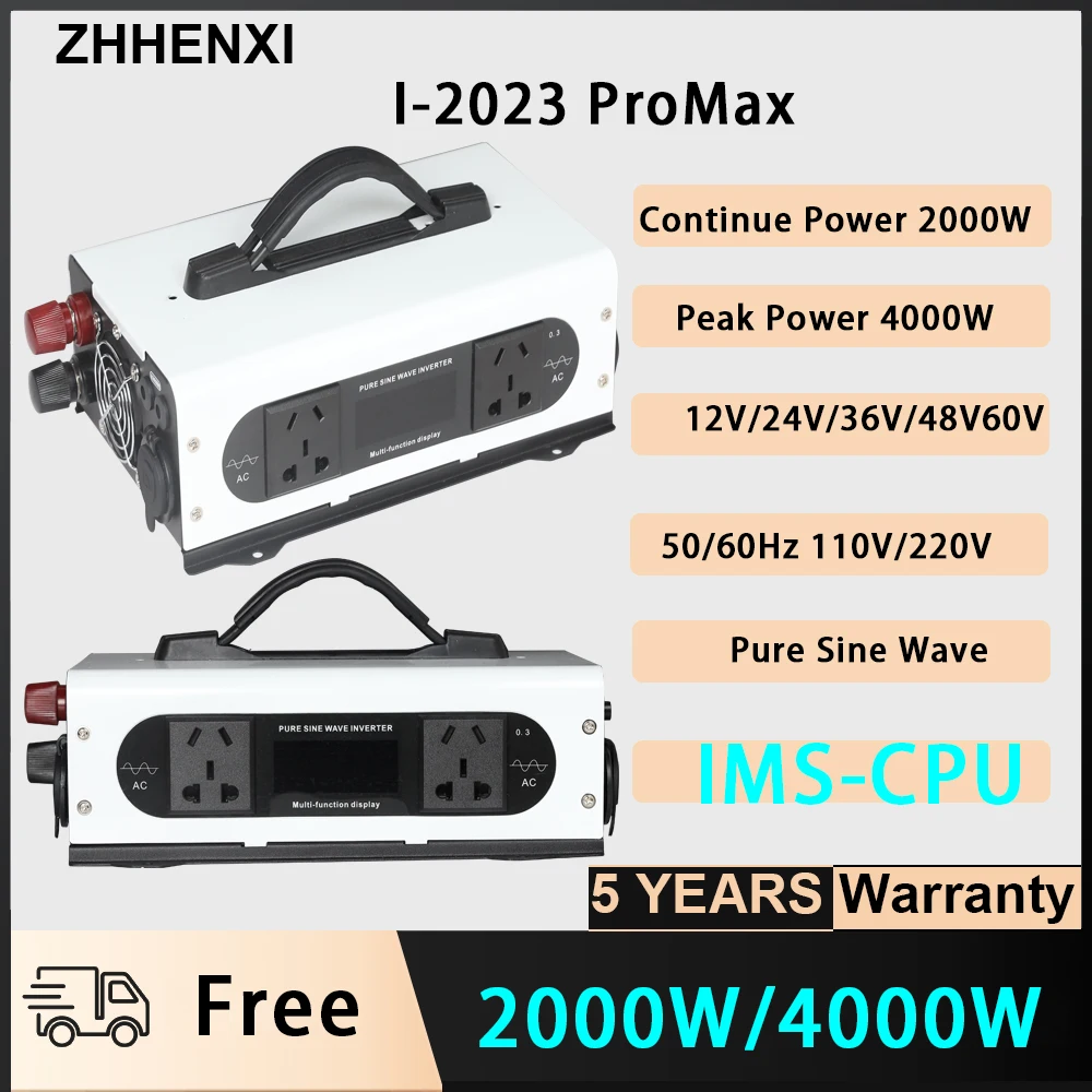 

Portable Inverter 12V/24V/48V 220V 4000W Rated 2000W Pure Sine Wave for Outdor Camping DC to Ac Universal Socket Charge with LED