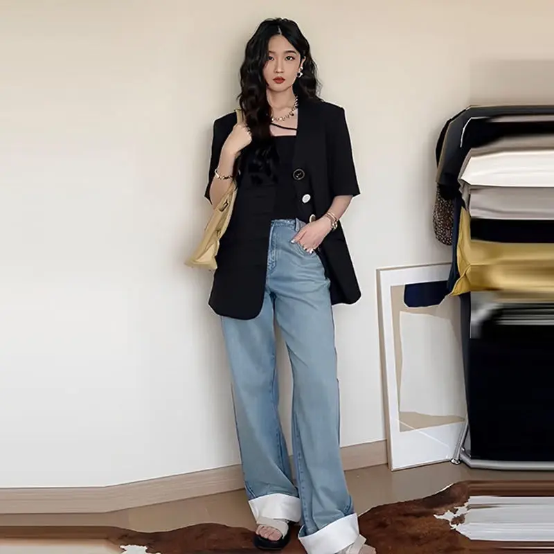 Plus Size Korean Fashion V-neck Short Sleeve Blazer Women Spring Summer Jacket Y2k Crop Top Business Casual Women's Clothing