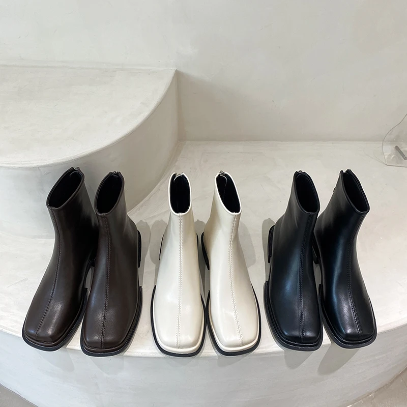 

Winter Women Ankle Boots White Black Brown Square Toe Flat Low Heels Back Zipper 2022 New Arrivals Stretch Shoes Winter Booties