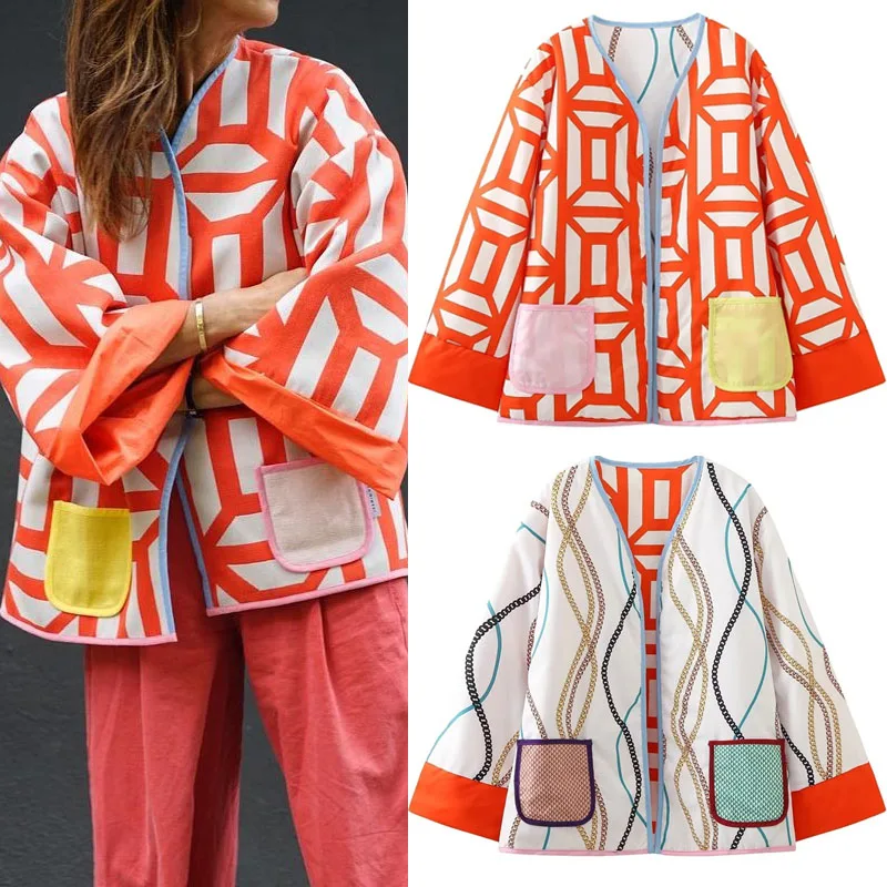 

TRAF Oversize Printed Jacket For Women Autumn Fashion Open Front Long Sleeves Coat Woman Clothing Pockets Tops Japanese Y2K 2023