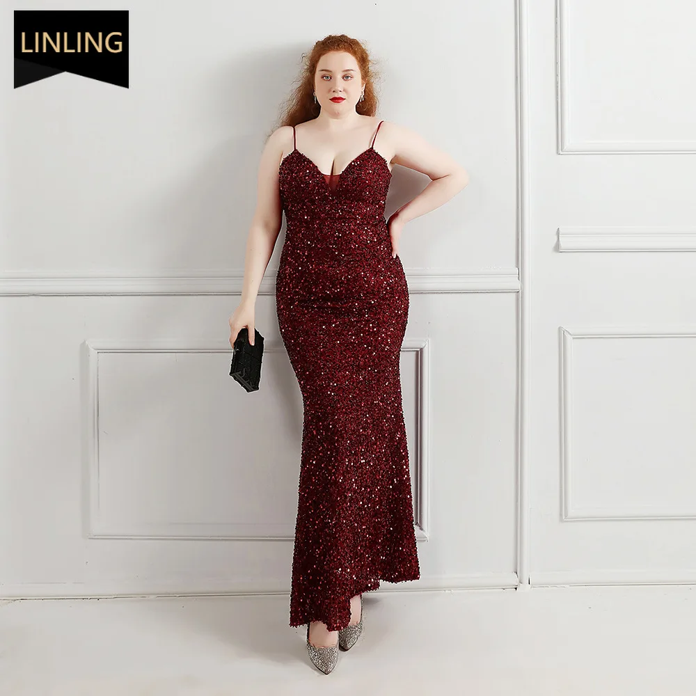 V Neck Chic and Elegant Woman Dress Sequins Slip Plus Size 3xl Party Dresses 4xl Evening Wedding Chubby Women Clothes Women's