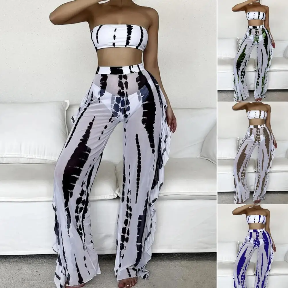 

Contrast Color Strapless Long Pants Swimming Bikini Set for Holiday