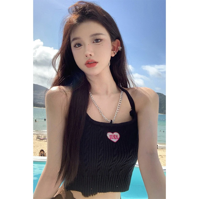 

Heart Embroidery Knitted Tank Tops Crop Top Summer Sexy Hot Slim Fit Sleeveless Hotsweet Women Sweet High Waist Chain Camis Y2k