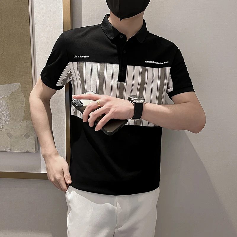 

2022 Korean Fashion Summer POLO Shirts Men Short Sleeve Lapel T-shirts Business Social Polos Splicing Casual Slim Fit Tshirts