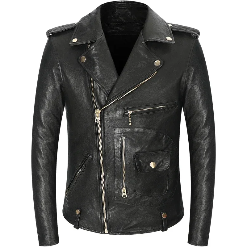 J24 Мужская черная мотоциклетная куртка из овечьей кожи с несколькими карманами