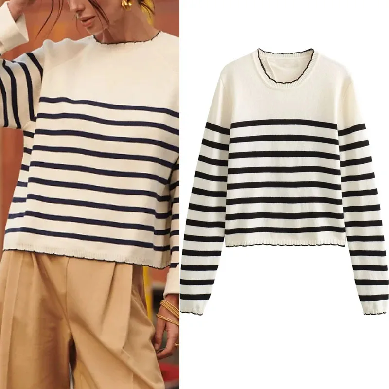 

TRAF Women Spring Autumn Sweaters Casual O-neck White Black Striped Knitted Cardigan Korean Long Sleeve Back split Thick Jumpers