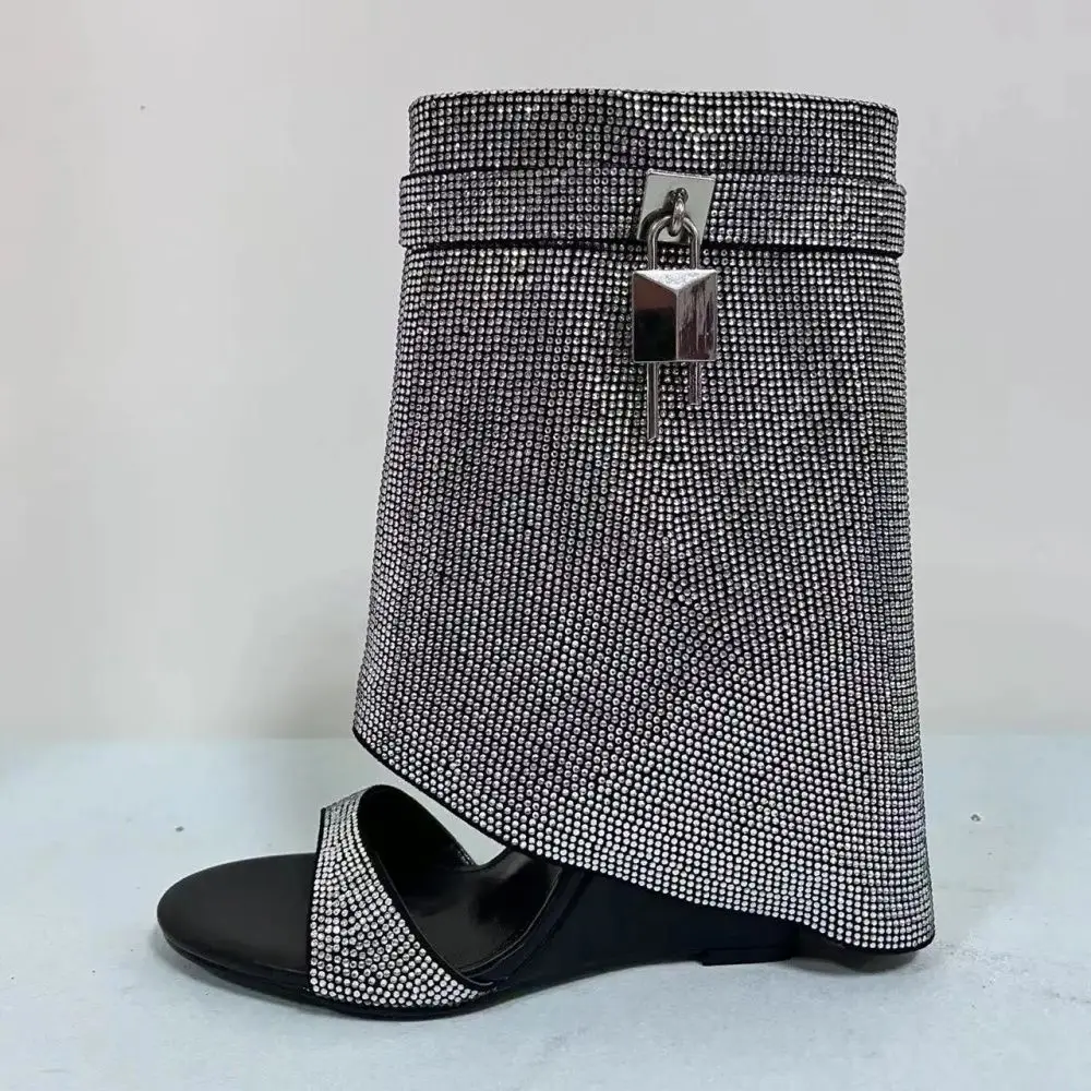 Women's New Slotted Toe with Open Toe Slope Heel Shark Boots Sexy Colored Rhinestone Metal Decoration Calf Short Boots Sandals