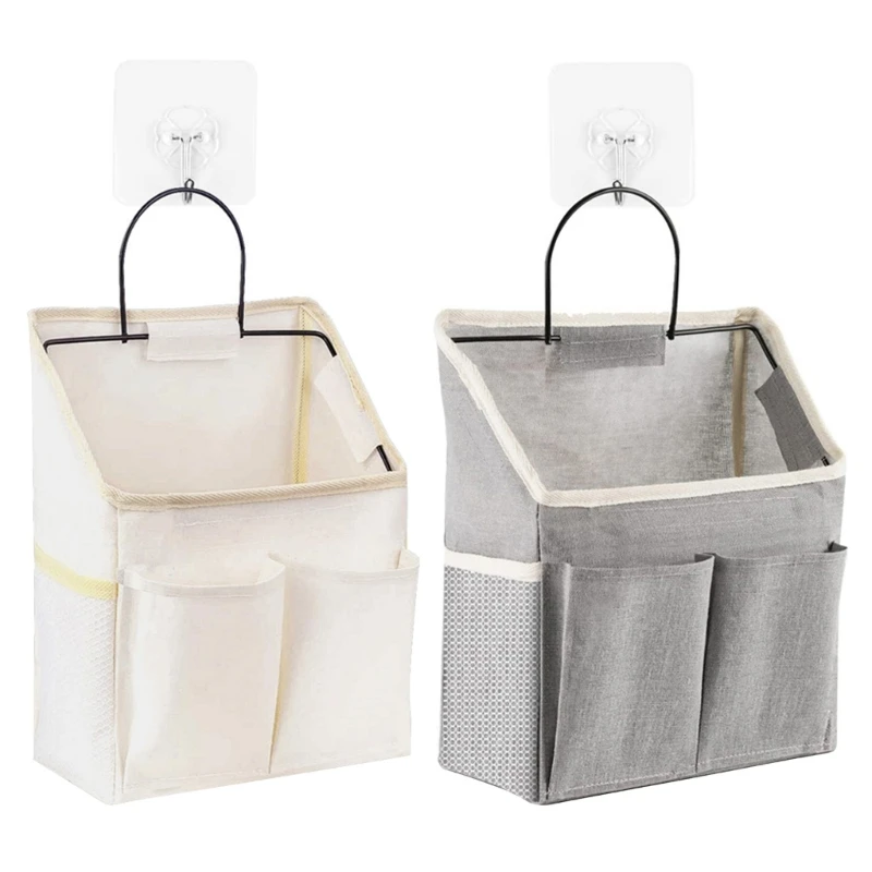 

270F Linen Fabric Door Hanging Storage Basket with Pockets Sticky Hook Wall Hanging Organizer Bag Waterproof Bin for Kitchen