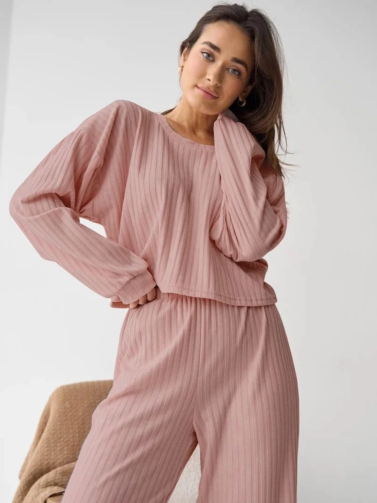 

Hiloc Pink Ribbed Elegant Women's Sets Knitting Long Sleeve Sleepwear Women Two-Piece Set 2023 Autumn High Waist Pajama Sets