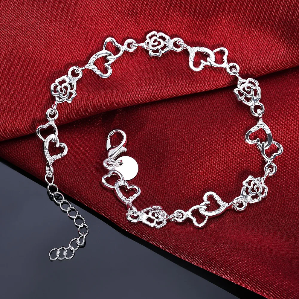 Красивый браслет из серебра 925 пробы для женщин с сердцем и милыми цветами