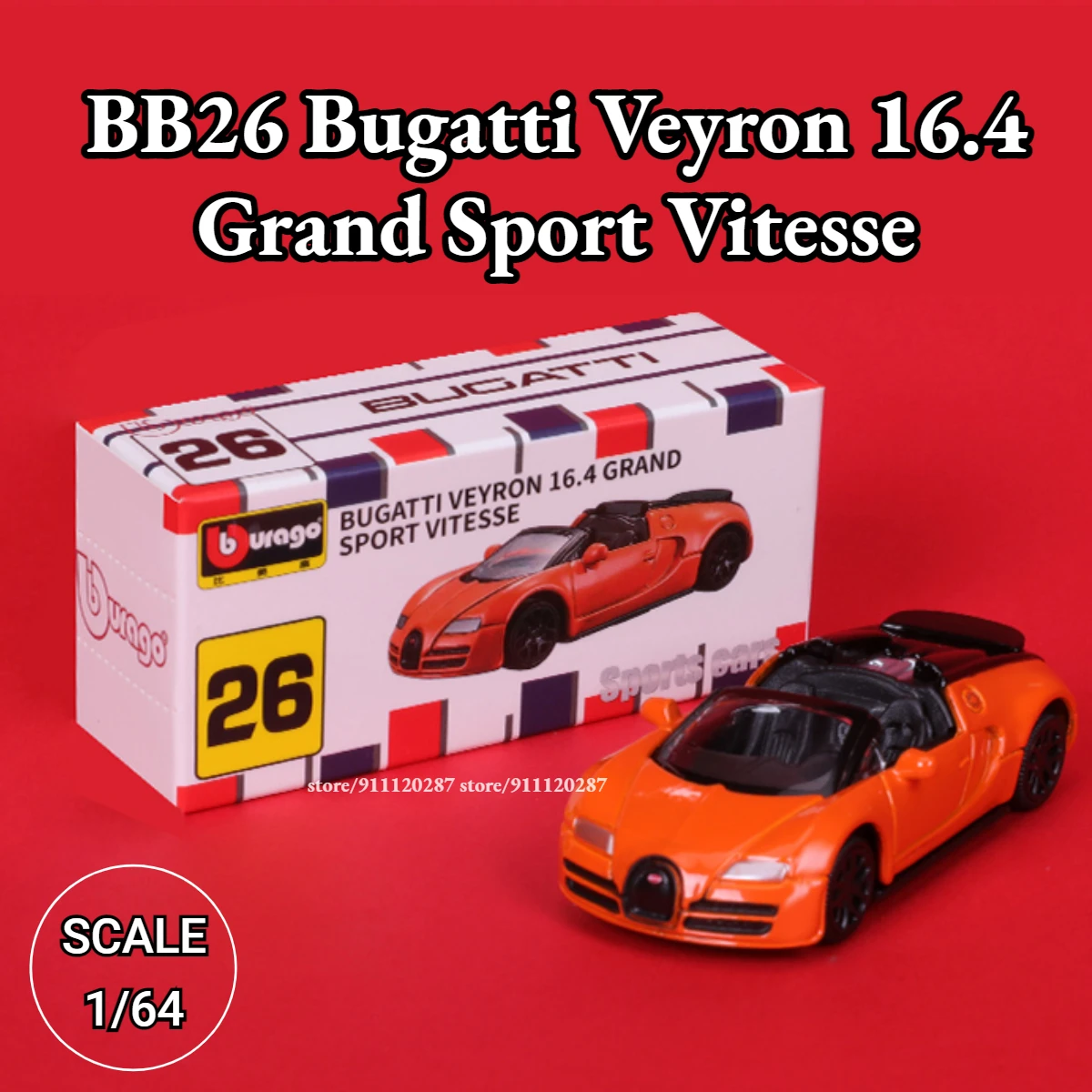 

Bburago 1/64 Mini Car Model, BB26 Bugatti Veyron 16.4 Grand Sport Vitesse Scale Miniature Art Diecast Vehicle Replica Toy