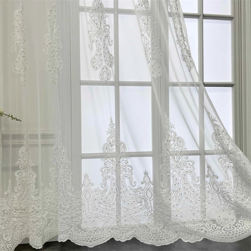 

French Luxury Villa White Pearls Embroidered Sheer Tulle Curtain For Bedroom Living Room Window Drapes Wedding Voile Curtains