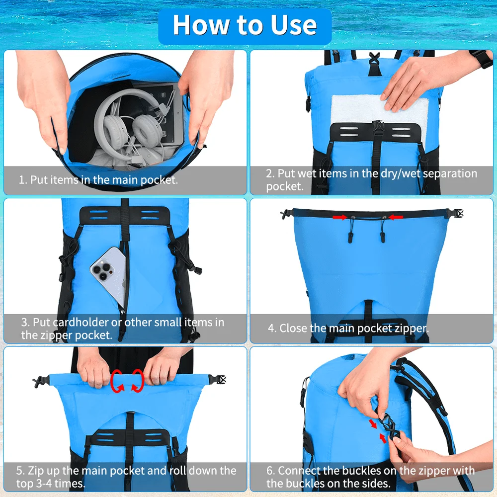 Waterproof Dry Bags Set of 3 Adjustable Shoulder Strap 20L Floating Dry Backpack Compression Sack with Cellphone Phone Waist Bag