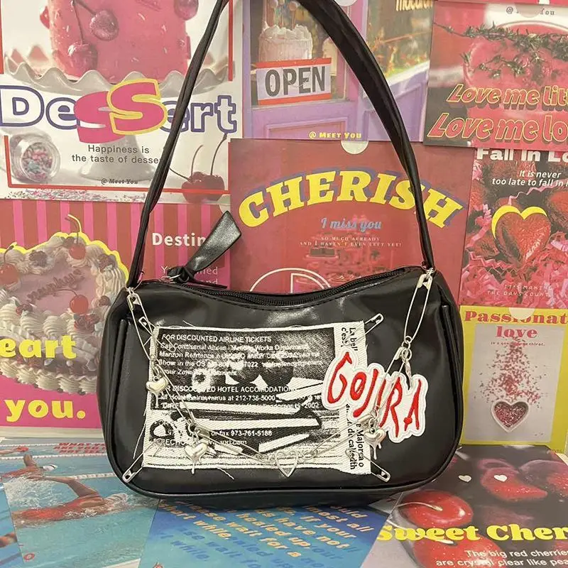 

JIAERDI Gothic Y2k Handbag Women Retro Punk Letter Patchwork Black Shoulder Bag Female Vintage Grunge Underarm Bag Aesthetic