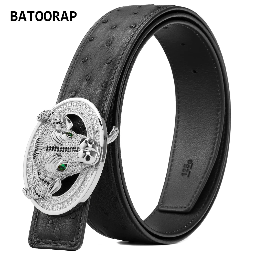 Batoorap New High-end South African Ostrich Leather Belt Black Male Domineering Bull Head Stainless Steel Buckle Luxury Design