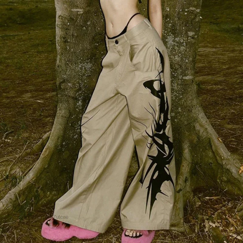 

Хиппи гот сафари стиль чернильный принт женские уличные мешковатые брюки Y2k хип-хоп тканые повседневные брюки драпированные стильные брюки