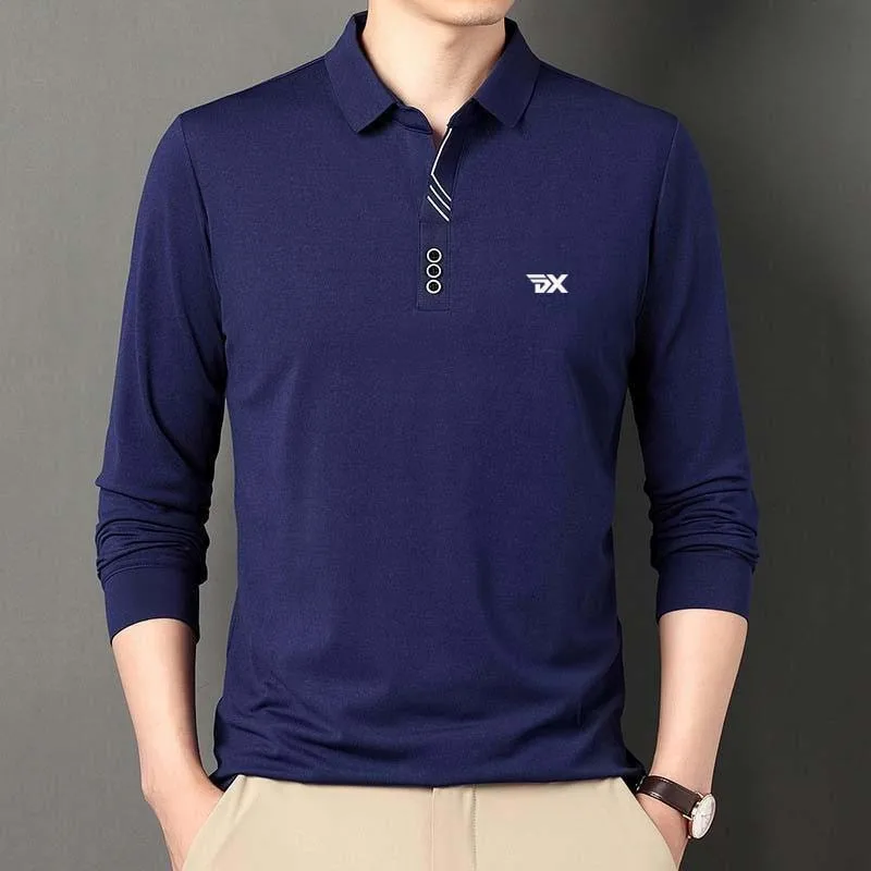 2023 Autumn New Solid Long sleeved Polo Shirt Golf Sports Men's Knitted Bottom Shirt Casual Business Loose Top