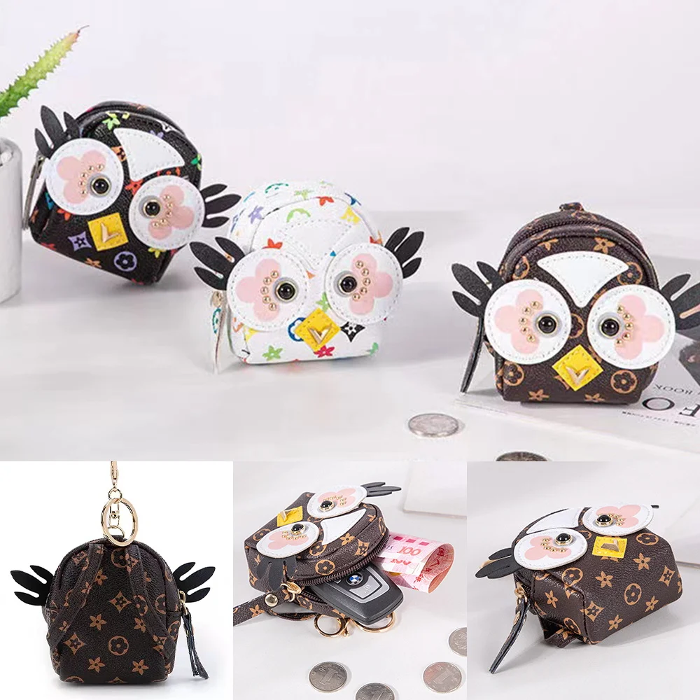 

Grils Small Coin Purse Leather Cute Owl Mini Keychain Wallet Card Holder Bag Pendant Lipstick Organizer Pouch Key Chain Women