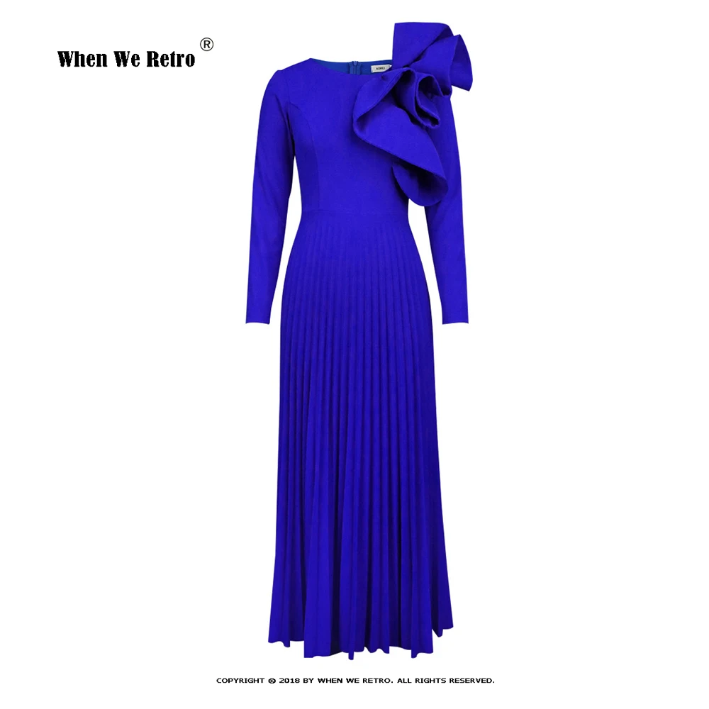 

Элегантные Синие Платья с круглым вырезом и высокой талией в стиле пэчворк для женщин, новое летнее плиссированное платье с длинным рукавом, вечернее платье, модель VP0188