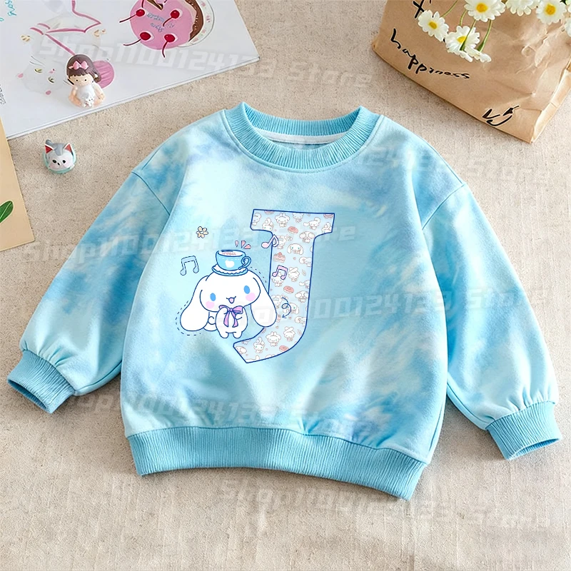 Фото Милая футболка Cinnamoroll в уличном стиле для девочек, с принтом Sanrio и аниме-буквами, детская, Y2K, кавайная, тай-дай, уличная, пуловер, с длинными рукавами №4