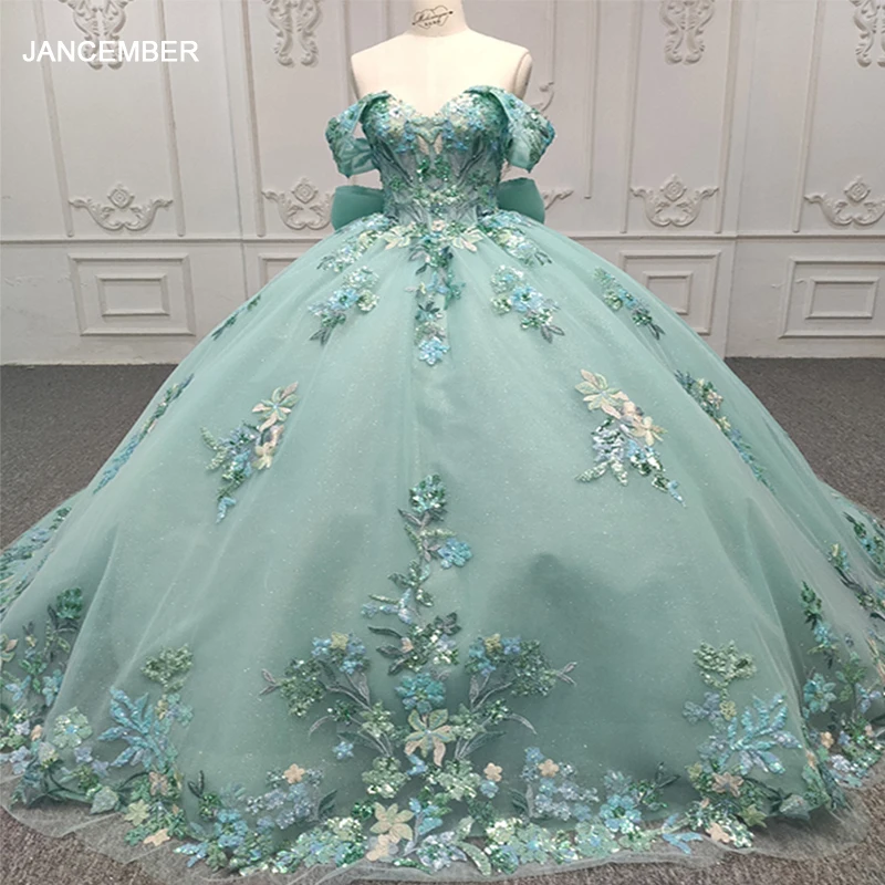 Jancember Superfine модное зеленое платье Quinceanera без бретелек из органзы с узором и бантом