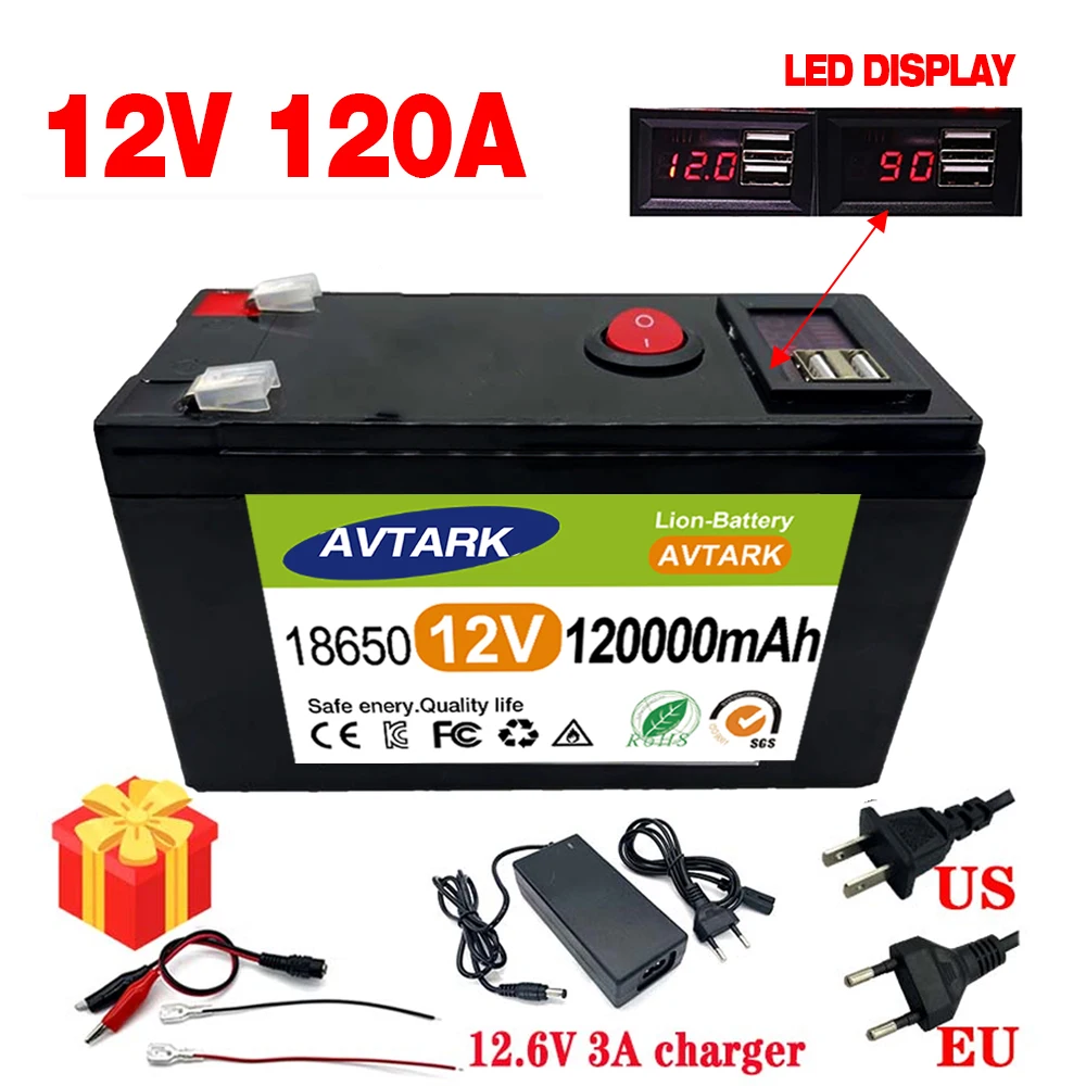 12V 120000mAh 2023 Upgraded Portable Rechargeable Battery  Built-in 5V 2.1A USB Power Display Charging Port with +12.6V Charger