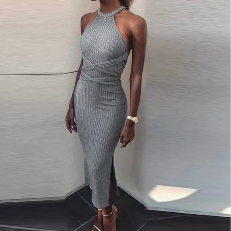 

Sexy Backless Dress Blue Summer Clothes Halter Sleeveless Slit Long Dresses Cross Tie Midi Bodycon Skinny Female Psrty Clubwear