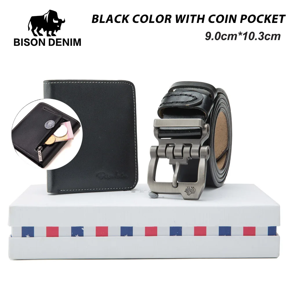 BISON DENIM Men's Belt Wallet Set Fashion Genuine Leather Pin Buckle Male Belts Strap Set Gift Set For Father Boyfriend Husband