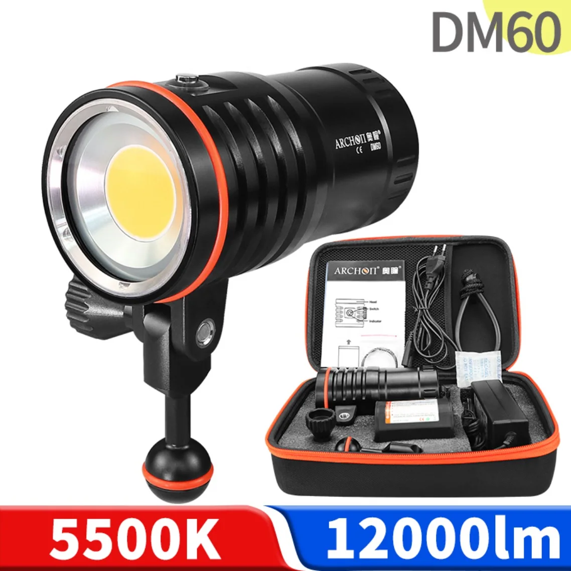 ARCHON DM60 5500K Powerful Diving Flashlight HD CREE 12000LM Underwater 100m Diving Lighting Torch for Video Dive Photoraphy