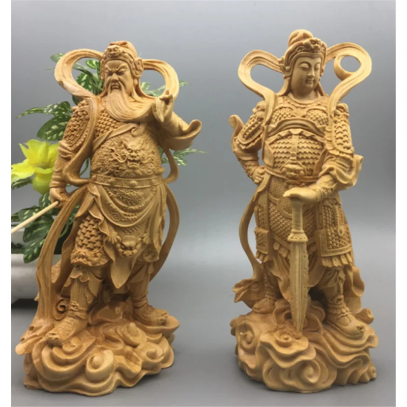 

Buxus Microphylla Wood Carving Skanda Vender Guan Gongjia Blue Bodhisattva Ornaments Left and Right Guardian Statue Home Ornamen