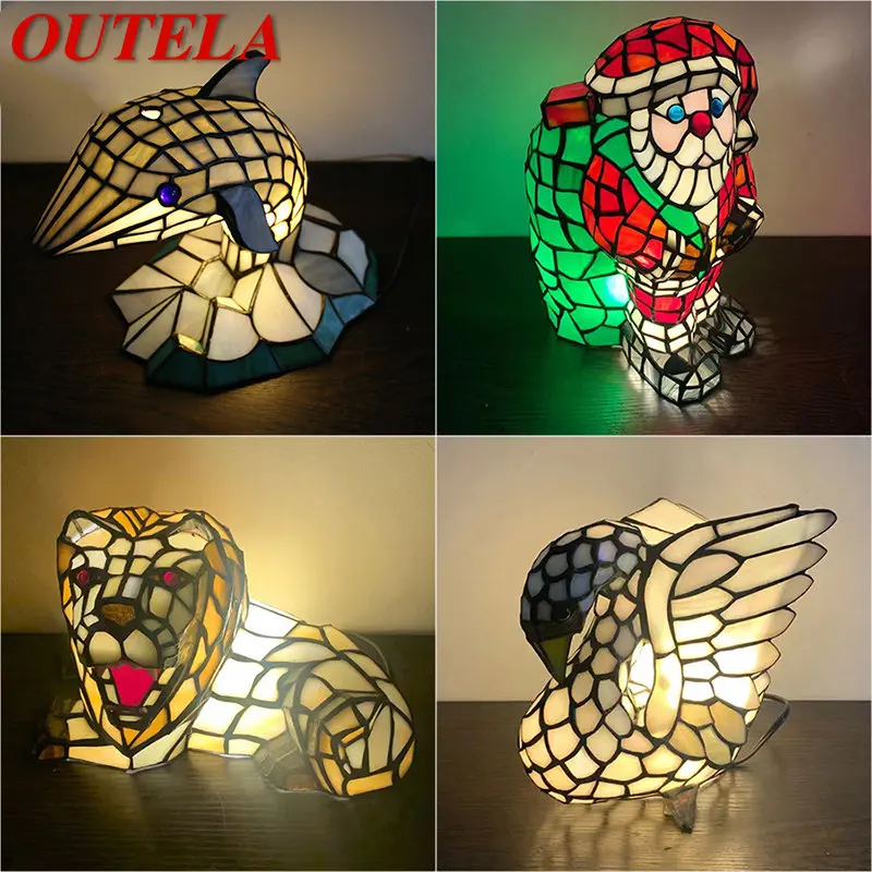 

OUTELA Tiffany Glass Table Lamp LED Creative Lion Dolphin Bedside Small Desk Light Fashion For Home Living Room Bedroom