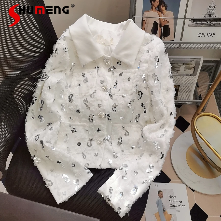 

White Blazer Women's Winter New Suit Jacket Heavy Industry Beads Sequin Stitching Clothing Three-Dimensional Short Mesh Coat