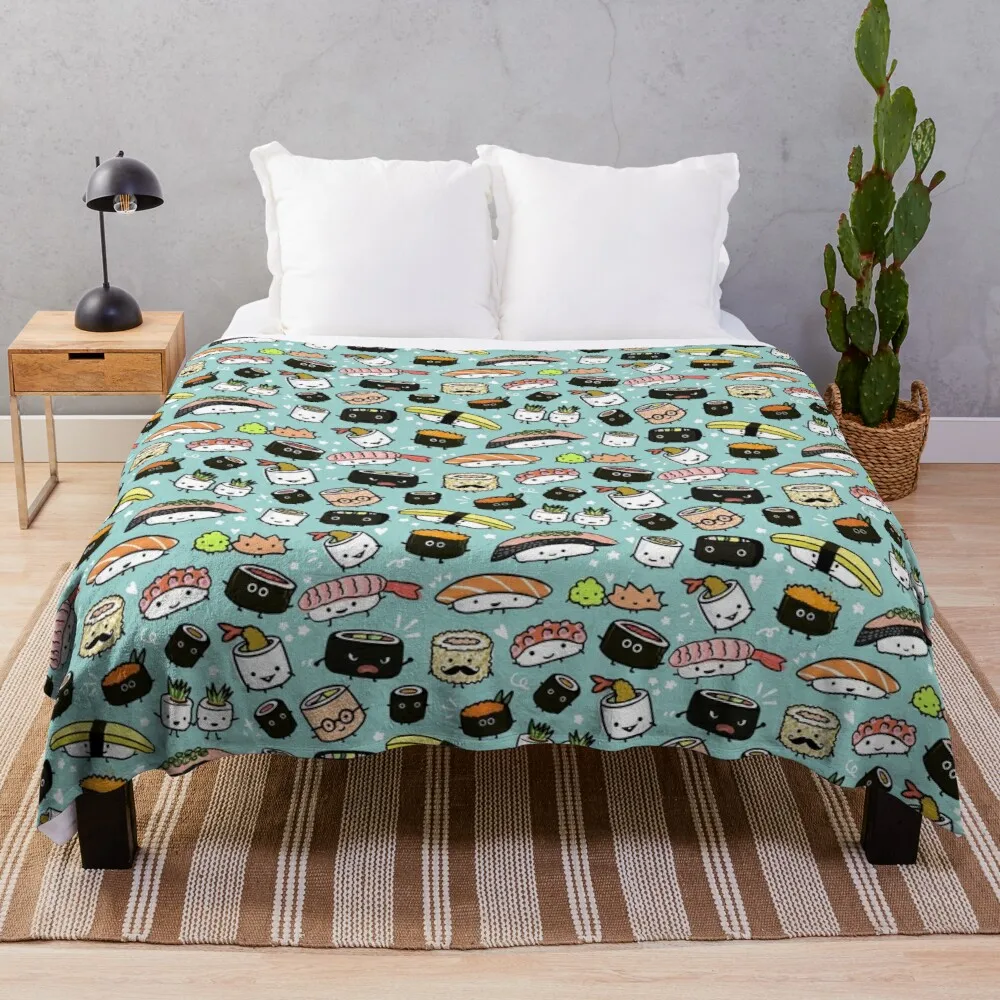 

Cute Sushi Pattern | Kawaii Sushi Characters Throw Blanket Custom Blankets
