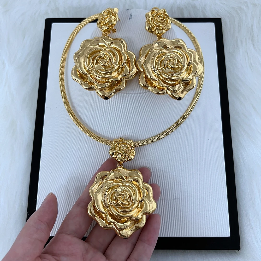

Dubai Gold Jewelry Sets For Women Large Hoop Earring And Necklace Set For Lady Wedding Accessories Bride Jewelry Set