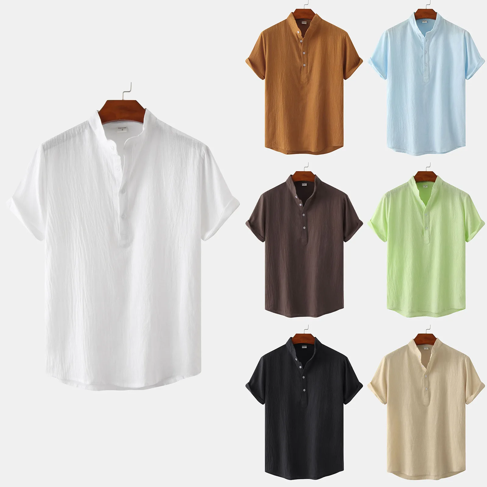 

Popular Men Linen Shirts Short Sleeve Breathable Men's Baggy Casual Shirts Slim Fit Solid Cotton Shirts Mens Pullover Tops