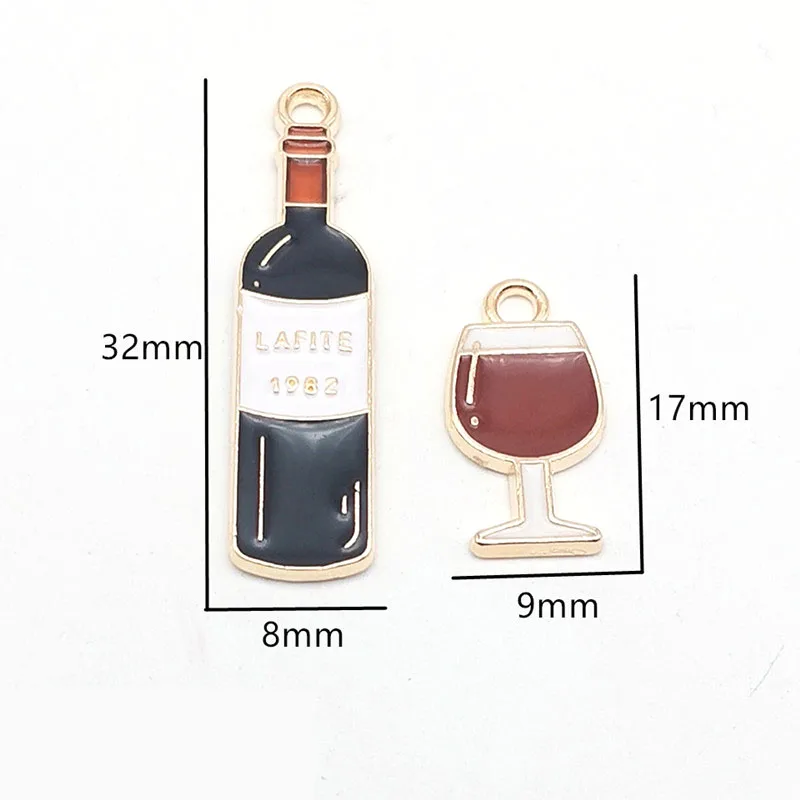 10Pcs Enamel Red Wine Bottle Glass Goblet Charms Metal Pendant Golden Color Earring for Jewelry Making DIY Accessories