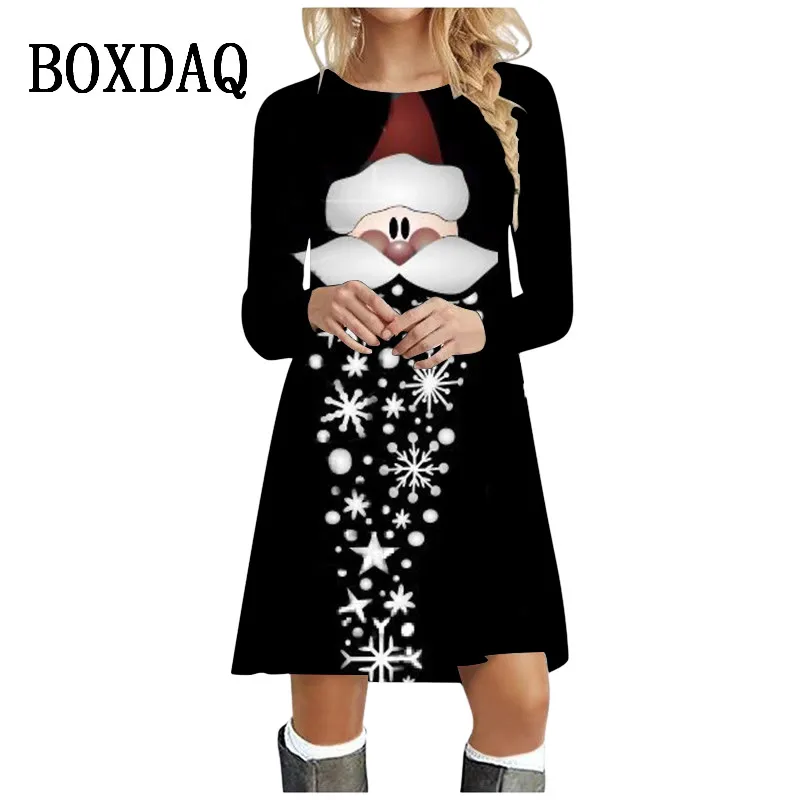 

Vestidos Oversize Women Dresses Christmas New Year Snowflake Printing Partry Dress Vintage Casual Loose A Line Dress Ladies Robe