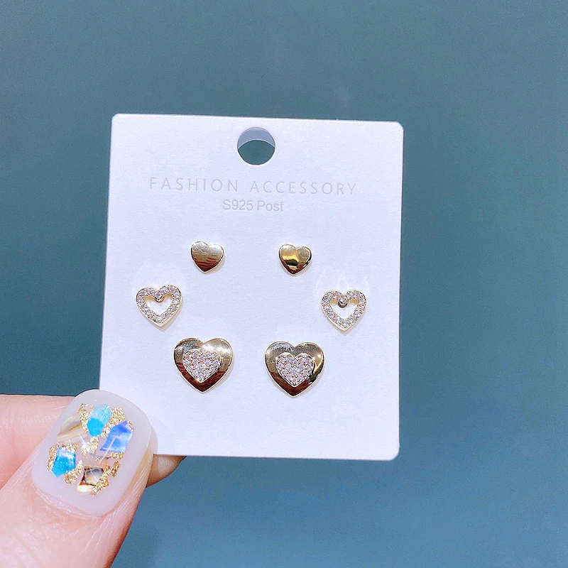 

Trendy 3 Pairs CZ Crystal Heart Stud Earrings Set for Women Gold Color Plated Cubic Zircon Studs Jewelry