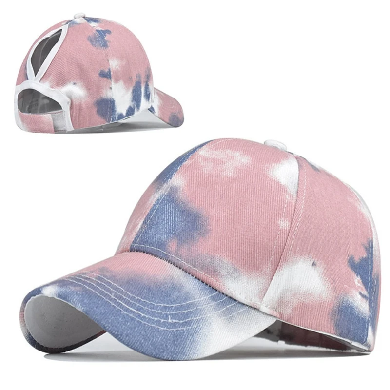 

Women Colorful Tie-Dye Print Hip Hop Baseball Summer Visors Sunscreen Messy High Bun Ponytail Hole Adjustable for SNAPBACK