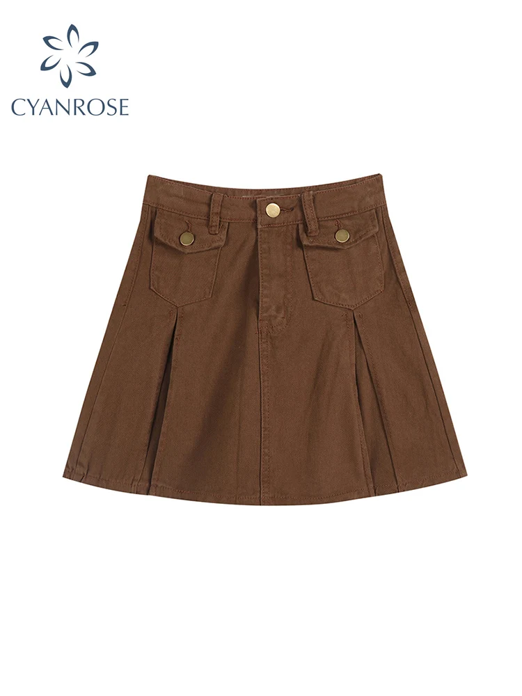 

Vintage Women A-line Mini Skirts 2022 Summer High Waist Pockets Fashion Y2K Korean Harajuku Streetwear Preppy Style Short Skirt
