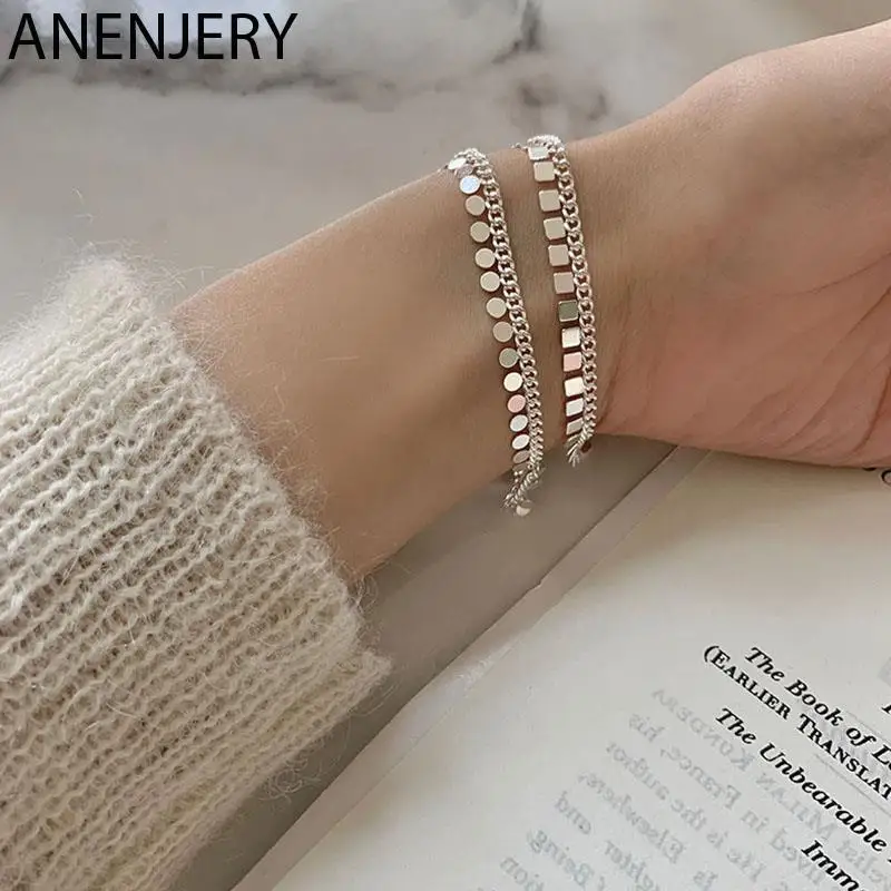 

S925 Silver Color Copper Double Layer Square Disc Tassel Bracelet For Women Sweet Temperament Handmade Jewelry