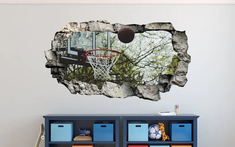 Basketball Ball 3D Wall Decal Smash Effect - Broken Wall Sticker - Vinyl Wall Decor - Decals for Walls - Stickers 3D Effect