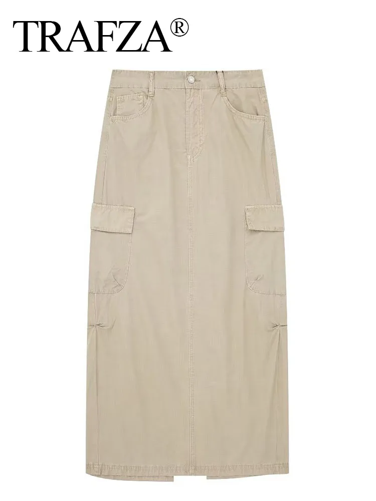 

TRAFZA Summer Solid Women Midi Skirt Single Buttons Pockets Back Split Female Casual Fashion Y2K High Waisted Skirts Slim Thin